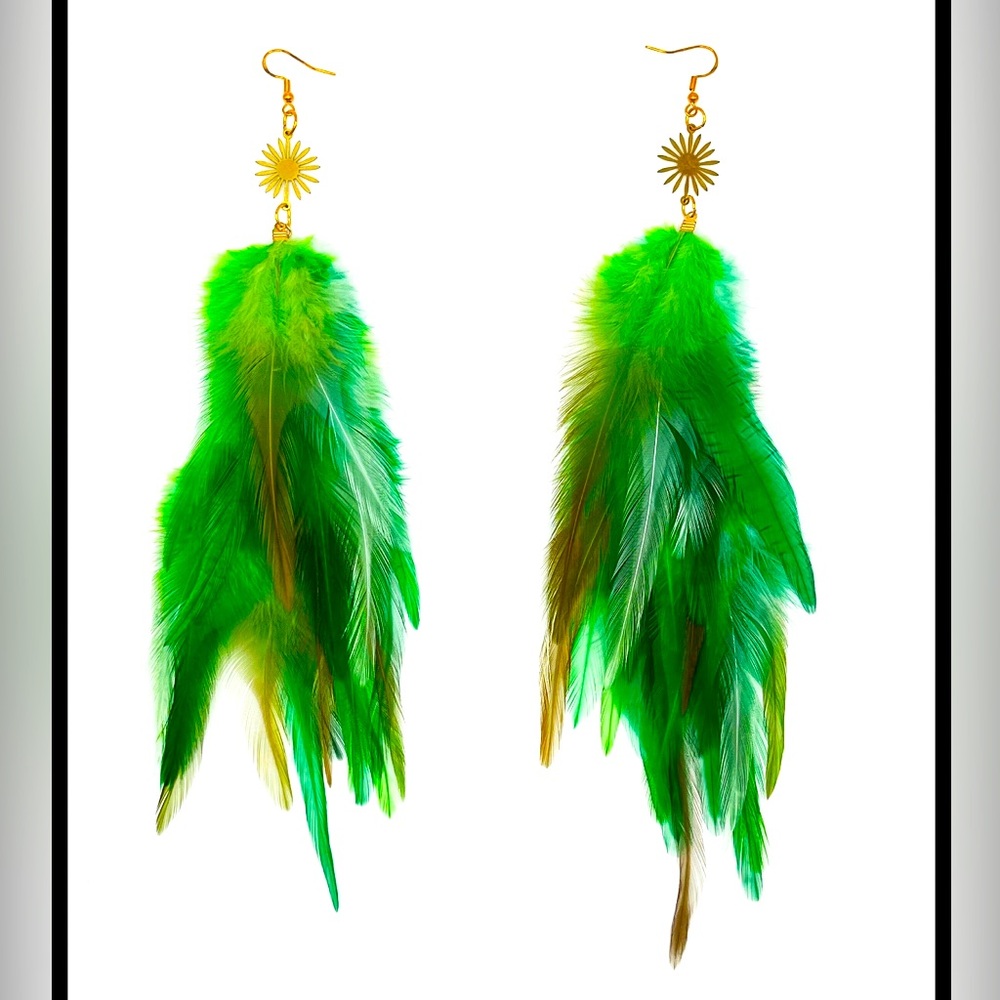 Long green feather earrings with gold flower pendants